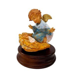 Vintage Music Box Angel & Baby Jesus Revolving on Wooden Base "Joy to the World"